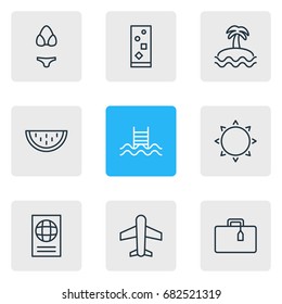 Vector Illustration Of 9 Season Icons. Editable Pack Of Airplane, Suitcase, Sunny And Other Elements.