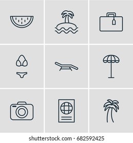 Vector Illustration Of 9 Season Icons. Editable Pack Of Photo Apparatus, Palm , Island Elements.