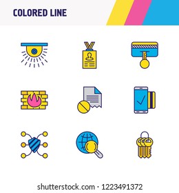 Vector illustration of 9 security icons colored line. Editable set of mobile transaction, personal information, safe search and other icon elements.