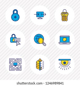 Vector illustration of 9 security icons colored line. Editable set of safe search, video control, data sharing and other icon elements.