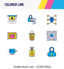 Vector illustration of 9 security icons colored line. Editable set of keychain, cloud data protection, protected computer and other icon elements.