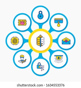Vector illustration of 9 security icons colored line. Editable set of security setting, strong password, fingerprint scanner and other icon elements.