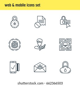 Vector Illustration Of 9 Security Icons. Editable Pack Of Easy Payment, Finger Identifier, Confidentiality Options And Other Elements.