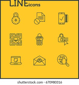 Vector Illustration Of 9 Security Icons. Editable Pack Of Internet Surfing, Corrupted Mail, Data Security And Other Elements.