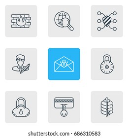 Vector Illustration Of 9 Security Icons. Editable Pack Of Internet Surfing, Network Protection, Corrupted Mail And Other Elements.