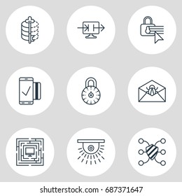 Vector Illustration Of 9 Security Icons. Editable Pack Of Corrupted Mail, Safe Lock, Camera And Other Elements.