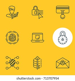 Vector Illustration Of 9 Security Icons. Editable Pack Of Confidentiality Options, Finger Identifier, Encoder And Other Elements.