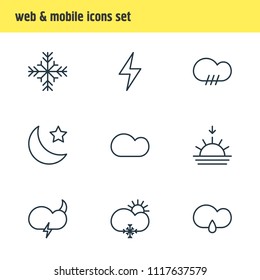 Vector illustration of 9 sky icons line style. Editable set of sunset, snowstorm, star and other icon elements.