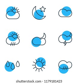 Vector illustration of 9 sky icons line style. Editable set of star, sun, rain and other icon elements.