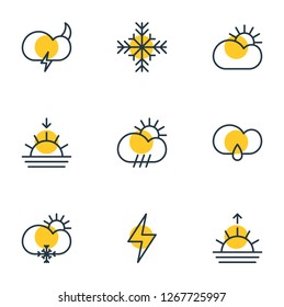 Vector illustration of 9 sky icons line style. Editable set of sunlight, sunset, raindrop and other icon elements.