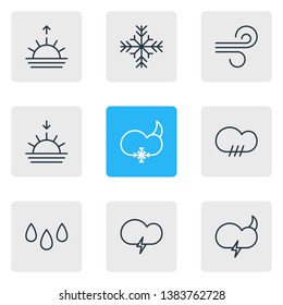 Vector illustration of 9 sky icons line style. Editable set of rain, drop, snowstorm and other icon elements.