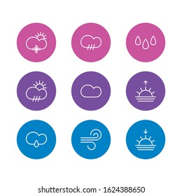Vector illustration of 9 sky icons line style. Editable set of snow, sunrise, drop and other icon elements.