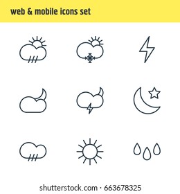 Vector Illustration Of 9 Sky Icons. Editable Pack Of Crescent, Lightning, Sunny And Other Elements.