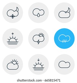 Vector Illustration Of 9 Sky Icons. Editable Pack Of Sun, Drizzles, Windstorm And Other Elements.