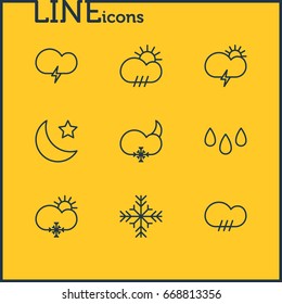 Vector Illustration Of 9 Sky Icons. Editable Pack Of Sunny, Drip, Rainy And Other Elements.