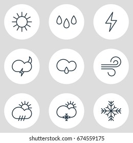 Vector Illustration Of 9 Sky Icons. Editable Pack Of Snow, Sunlight, Breeze And Other Elements.