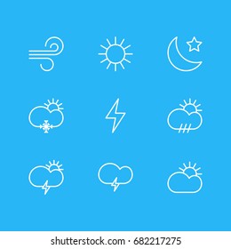 Vector Illustration Of 9 Sky Icons. Editable Pack Of Windstorm, Crescent, Sun And Other Elements.