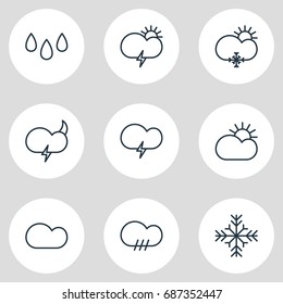 Vector Illustration Of 9 Sky Icons. Editable Pack Of Rainy, Weather, Sun And Other Elements.