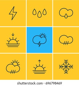 Vector Illustration Of 9 Sky Icons. Editable Pack Of Sunset, Windstorm, Rain And Other Elements.