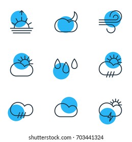 Vector Illustration Of 9 Sky Icons. Editable Pack Of Windstorm, Rain, Sun And Other Elements.