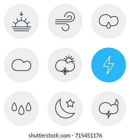 Vector Illustration Of 9 Sky Icons. Editable Pack Of Drip, Cloudy, Weather And Other Elements.