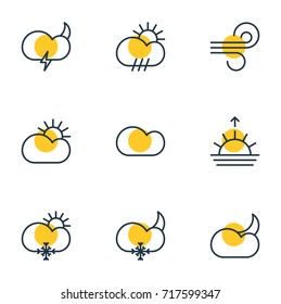 Vector Illustration Of 9 Sky Icons. Editable Pack Of Sun, Moon Month, Snowflake And Other Elements.