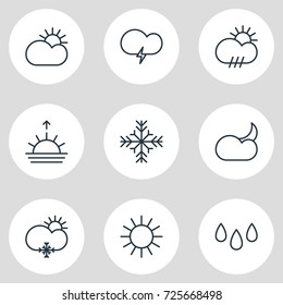 Vector Illustration Of 9 Sky Icons. Editable Pack Of Moon Month, Sunset, Sunny And Other Elements.