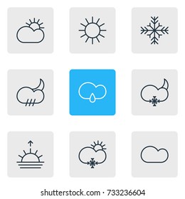 Vector Illustration Of 9 Sky Icons. Editable Pack Of Drizzles, Sunlight, Snow And Other Elements.