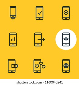 Vector illustration of 9 smartphone icons line style. Editable set of globe, battery, check and other icon elements.