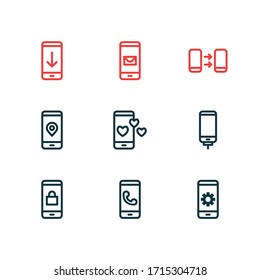 Vector illustration of 9 smartphone icons line style. Editable set of message, charging, download and other icon elements.