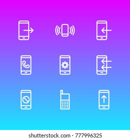 Vector illustration of 9 smartphone icons line style. Editable set of call, upload, ban and other elements.