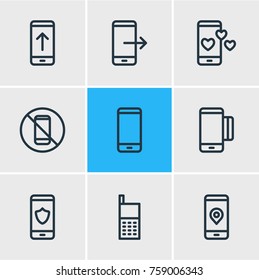 Vector Illustration Of 9 Smartphone Outline Icons. Editable Set Of No Phone, Cellphone, Arrow Up And Other Elements.