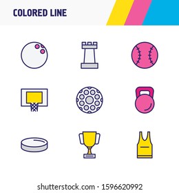 Vector illustration of 9 sport icons colored line. Editable set of bowling ball, cup, hockey ball and other icon elements.