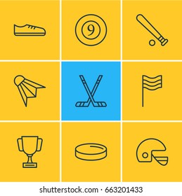 Vector Illustration Of 9 Sport Icons. Editable Pack Of Goblet, Helmet, Puck And Other Elements.