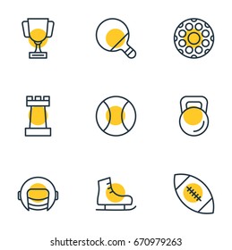 Vector Illustration Of 9 Sport Icons. Editable Pack Of Weight, Tennis, Pawn And Other Elements.