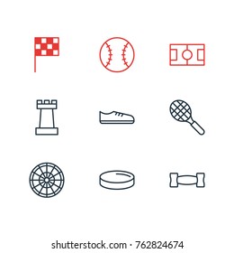 Vector Illustration Of 9 Sport Outline Icons. Editable Set Of Gumshoes, Rocket, Pawn And Other Elements.