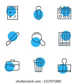 Vector illustration of 9 stationery icons line style. Editable set of calculator, briefcase, calendar and other icon elements.