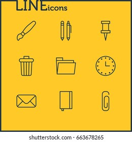 Vector Illustration Of 9 Stationery Icons. Editable Pack Of Garbage Container, Paperclip, Copybook And Other Elements.