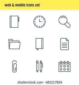 Vector Illustration Of 9 Stationery Icons. Editable Pack Of Zoom, Watch, Dossier And Other Elements.