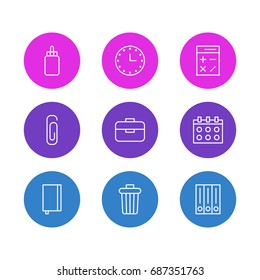 Vector Illustration Of 9 Stationery Icons. Editable Pack Of Watch, Copybook, Garbage Container And Other Elements.