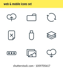 Vector illustration of 9 storage icons line style. Editable set of cloud, category, album and other icon elements.