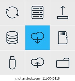 Vector illustration of 9 storage icons line style. Editable set of folder, server, cloud and other icon elements.