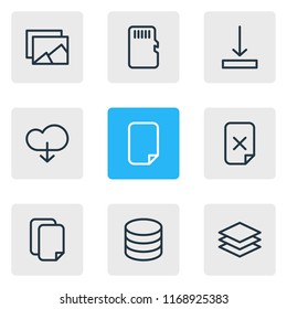 Vector illustration of 9 storage icons line style. Editable set of database, arrow down, document and other icon elements.