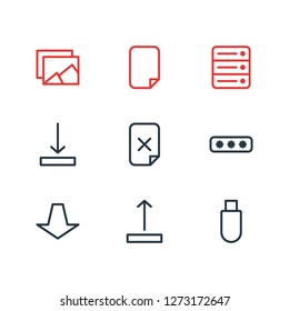 Vector illustration of 9 storage icons line style. Editable set of memory, password, delete file and other icon elements.