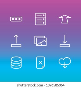Vector illustration of 9 storage icons line style. Editable set of arrow down, push, upload and other icon elements.