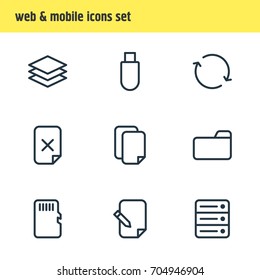 Vector Illustration Of 9 Storage Icons. Editable Pack Of Documents, Memory, Synchronize And Other Elements.