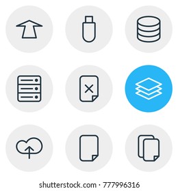 Vector illustration of 9 storage icons line style. Editable set of layer, upload, upward and other elements.