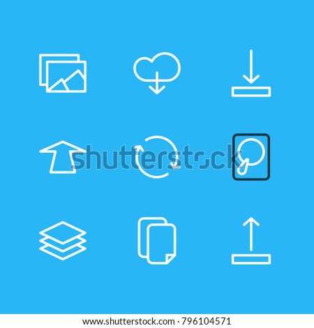 Vector illustration of 9 storage icons line style. Editable set of documents, hdd, synchronize and other elements.