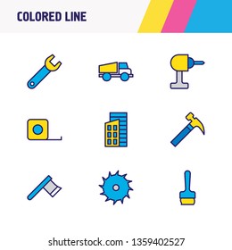 Vector illustration of 9 structure icons colored line. Editable set of drill, buildings, brush and other icon elements.