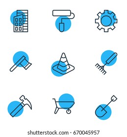 Vector Illustration Of 9 Structure Icons. Editable Pack Of Apartment, Handcart, Caution Elements.